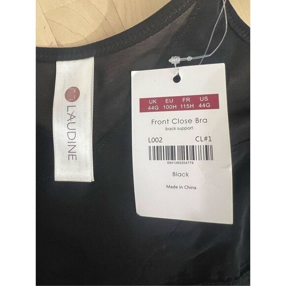 Laudine Hook Eye Front Close Wireless Bra Plus Size 44G Black Back Support - Picture 11 of 12